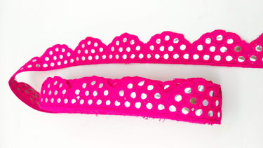 Fuchsia Pink Mirror Trim, Kutch Embroidered Navratri Garba Dress Trim Bridal Lace, Indian Sari Border 40 mm Wide Trim Per Yard